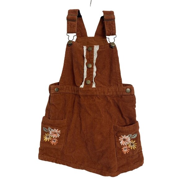 Unknown Other - Corduroy Girls 5 Floral Embroidered Overall Skirt Brown Fall Winter Casual